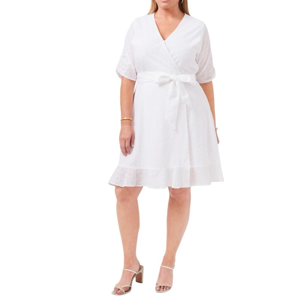 1. State White Elegant Eyelet Ruffle Wrap Dress